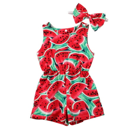 

Nokiwiqis Baby Girls Clothes Set Sleeveless Fruit Print Romper+Bowknot Headband