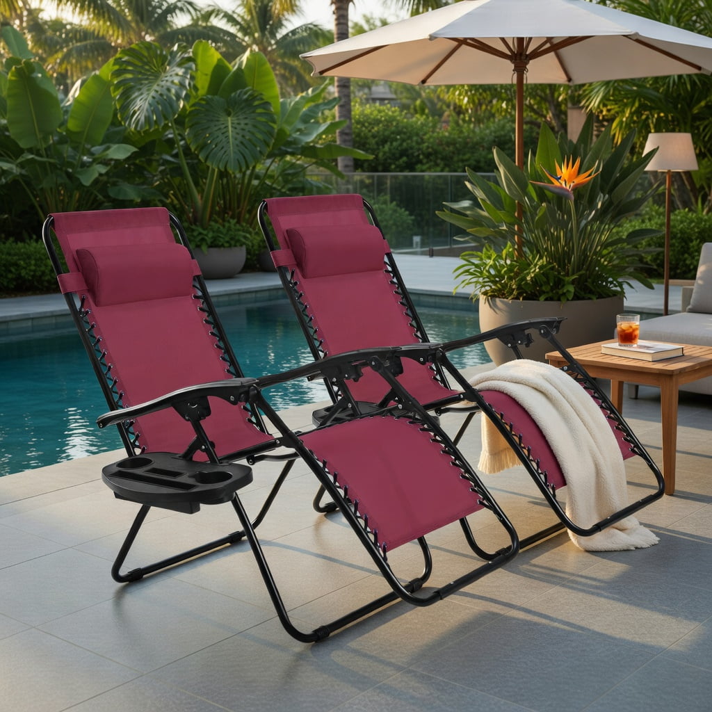 Hommoo 2-Pack Zero Gravity Folding Lounge Chairs with Adjustable Headrest & Removable Tray, Breathable Waterproof Fabric, Dark Red