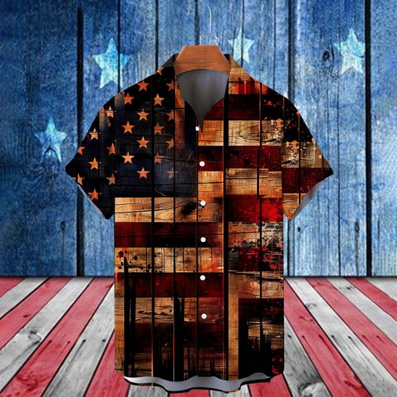 WAENQINLA Men's American Flag Hawaiian Shirts 4th of July USA Flag Button up Shirts Summer Short Sleeve Shirts With Pocket