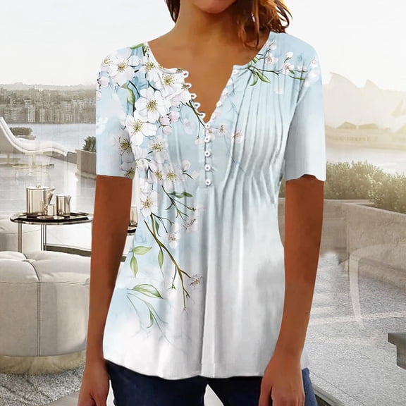 Thousandth Plus Size Tops for Women Floral Print V-Neck Henley Blouse Pleated Casual Tunic Tops Short Sleeve Breathable Loose Fit Pullover with Buttons