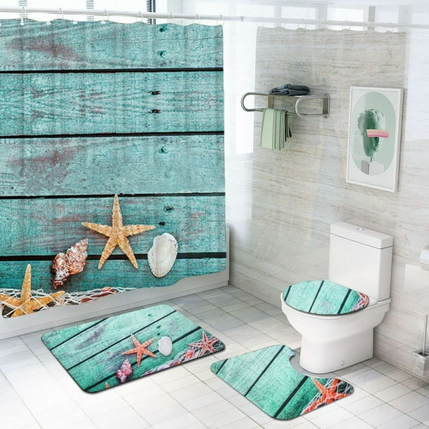 14 Piece Peva Shower Curtain Set with Rug and Rings Star Fish