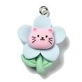 thumbnail image 2 of Opaque Resin Pendants with Platinum Tone Iron Loops Flower with Cat Light Cyan 26.5x19x8mm Hole: 2mm, 2 of 4