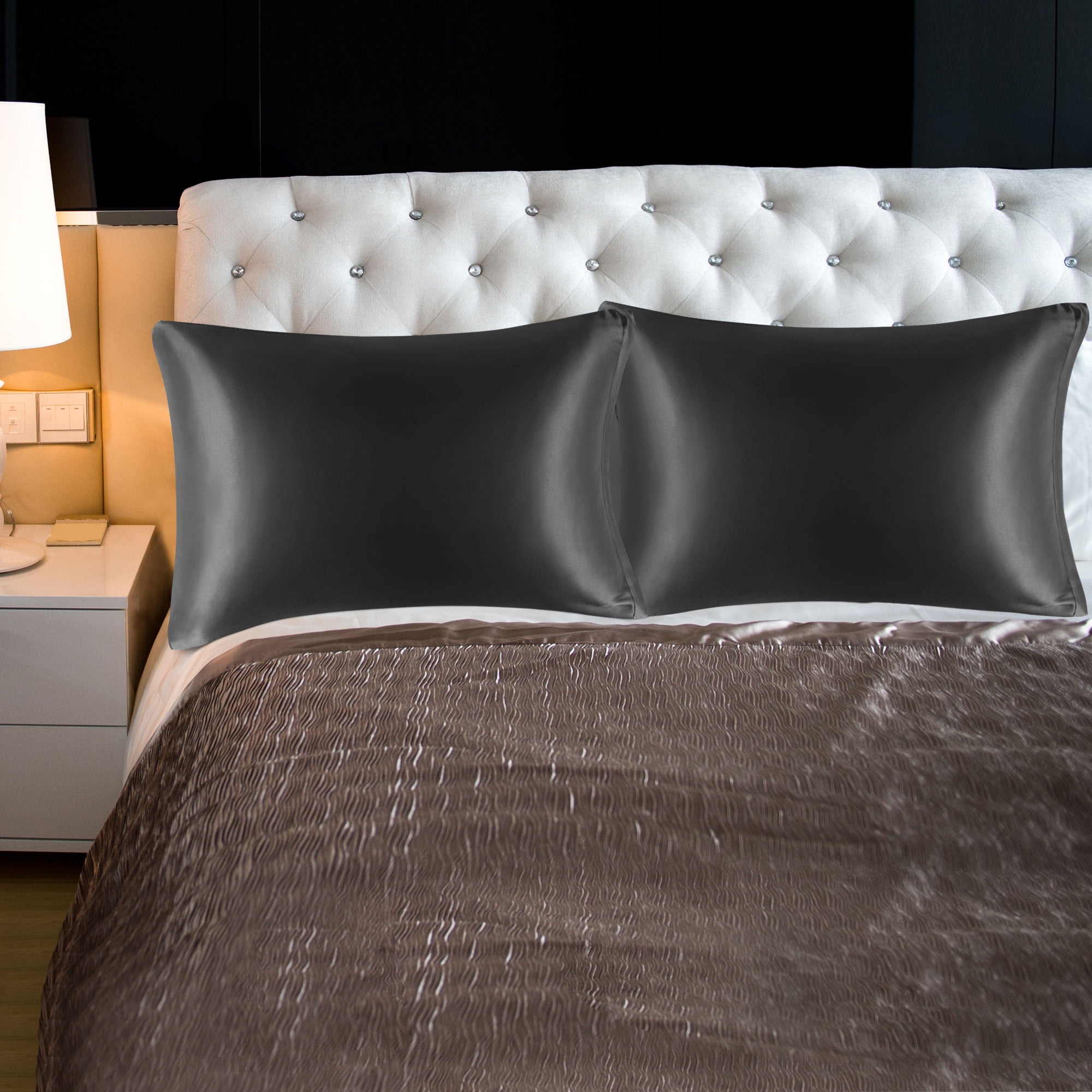 Unique Bargains Satin Set of 2 Zipper Closure Pillowcases Black 20"x30"