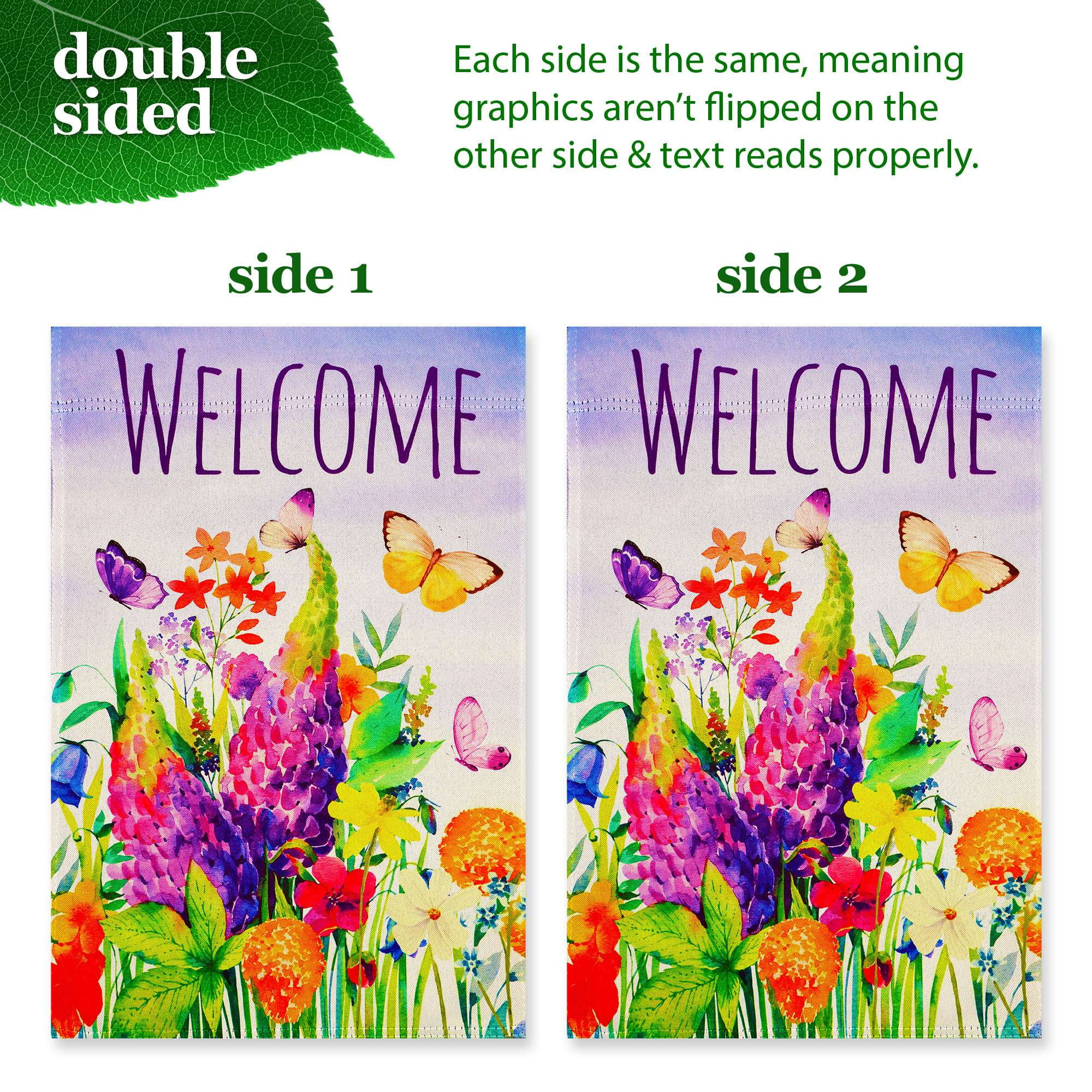 G128 Combo Pack Garden Flag Stand Black 36x16IN & Garden Flag Spring Floral Butterfly Welcome Printed 12x18IN Double Sided Yard Garden Lawn Decoration