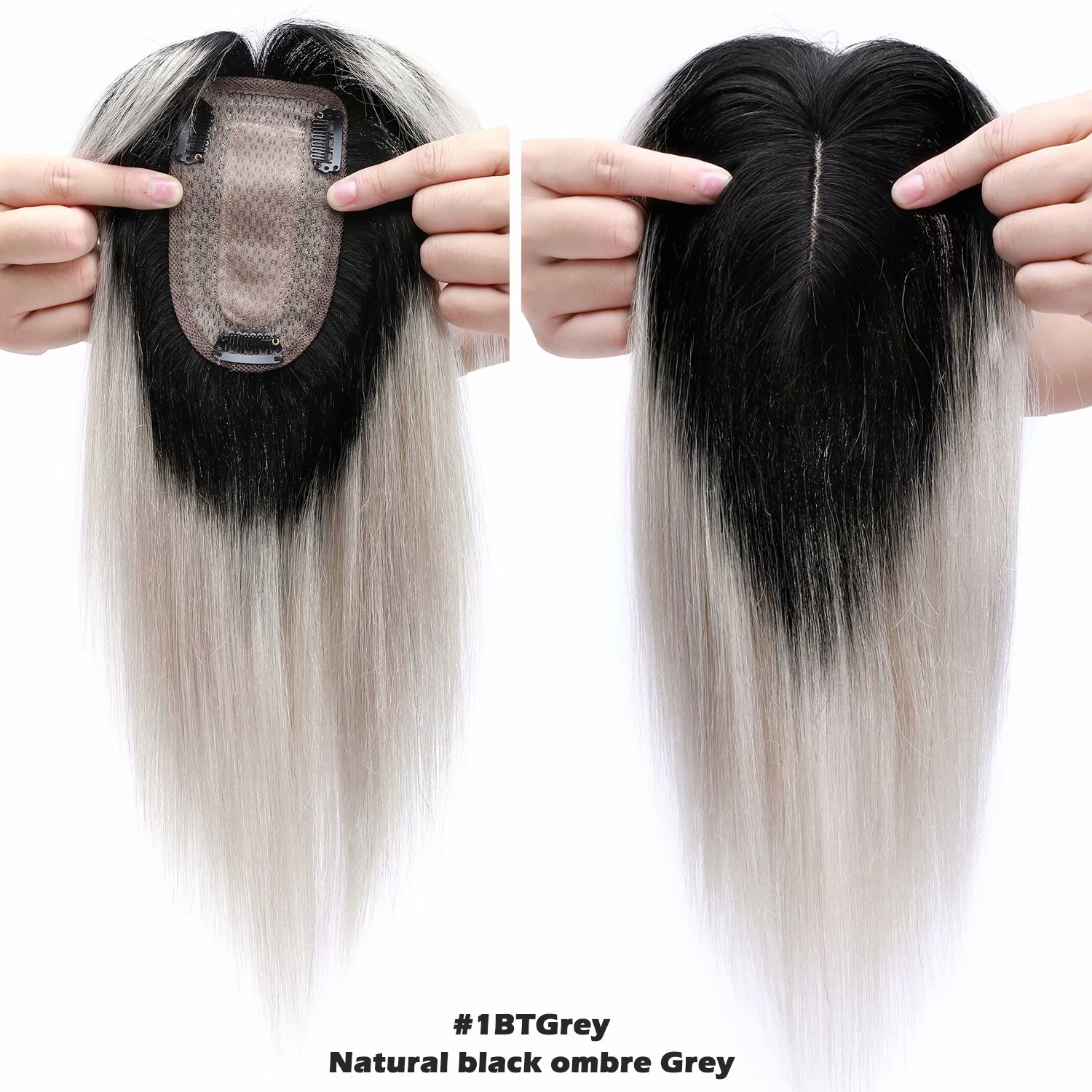Benehair Silk Base Clip In 100% Real Remy Human Hair Extensions Hairpiece Topper Wig with bang Toupee Women Hair Loss 3 Clips Soft 1B Ombre Grey