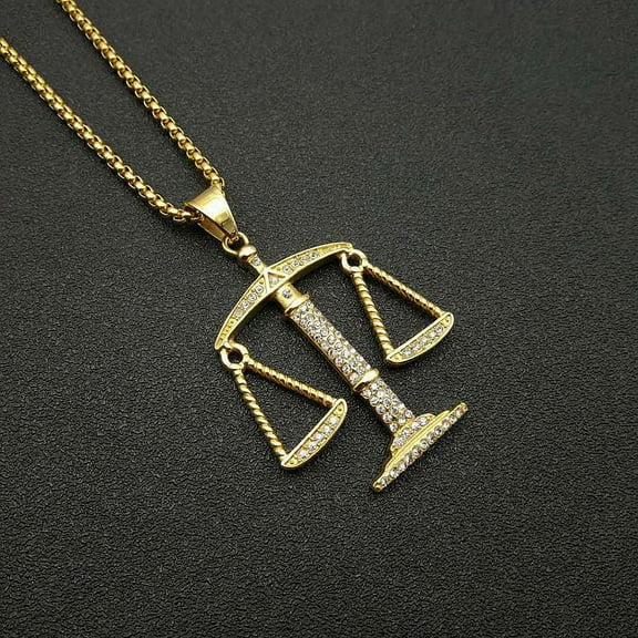 Iced Out Scales of Justice 14K Yellow Gold Pendant Cubic Zirconia Libra Necklace for Men Women Hip Hop Rock Party Punk Jewelry