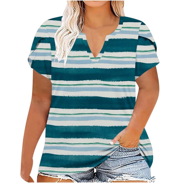 Mode Femme Décontractée Imprimée Manches Courtes Tee-Shirt Ample Grande Taille Tunique Col en V Blouse Deals Flash
