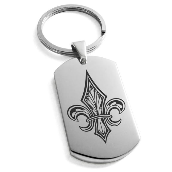 Stainless Steel Knightly Fleur De Lis Engraved Dog Tag Keychain Keyring