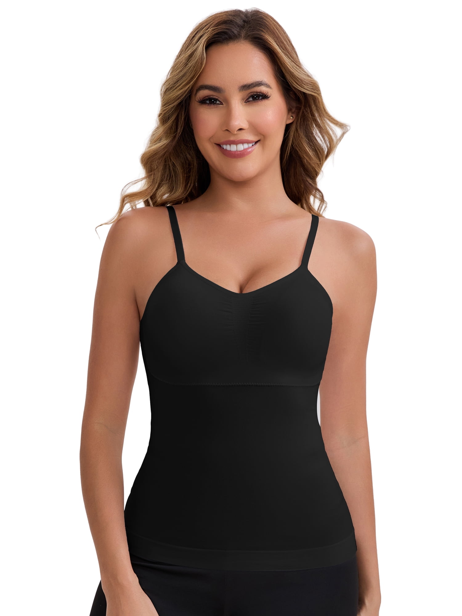 DARING DIVA Women's Long V-Neck Padded Camisole Seamless Slim Fit Tank L Black