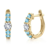 Gem Stone King 10K Yellow Gold White Created Sapphire and Swiss Blue Topaz Hoop Earrings for Women | 1.14 Cttw | Gemstone September Birthstone | Round 4MM