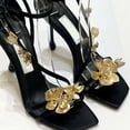 thumbnail image 3 of Sandalias de tacón alto con flores doradas para mujer, de seda, de diseñador de lujo, con flores metálicas, punta cuadrada, tacón fino, zapatos de fiesta para vestir, 3 of 6