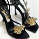 thumbnail image 3 of Sandalias de tacón alto con flores doradas para mujer, de seda, de diseñador de lujo, con flores metálicas, punta cuadrada, tacón fino, zapatos de fiesta para vestir, 3 of 6