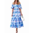 thumbnail image 2 of Women'S Summer Casual Midi Dress Puffy Short Sleeve Square Neck Smocked Tiered Ruffle Dresses Sky Blue Flowers L, 2 of 7
