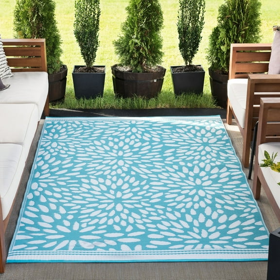 9x12 Waterproof, Reversible Plastic Straw Outdoor Rugs for Patios | Also for Camping, RV, Deck, Porch, Balcony, Camp, Patio | Aqua, Floral | Size: 8'10'' x 11'10''