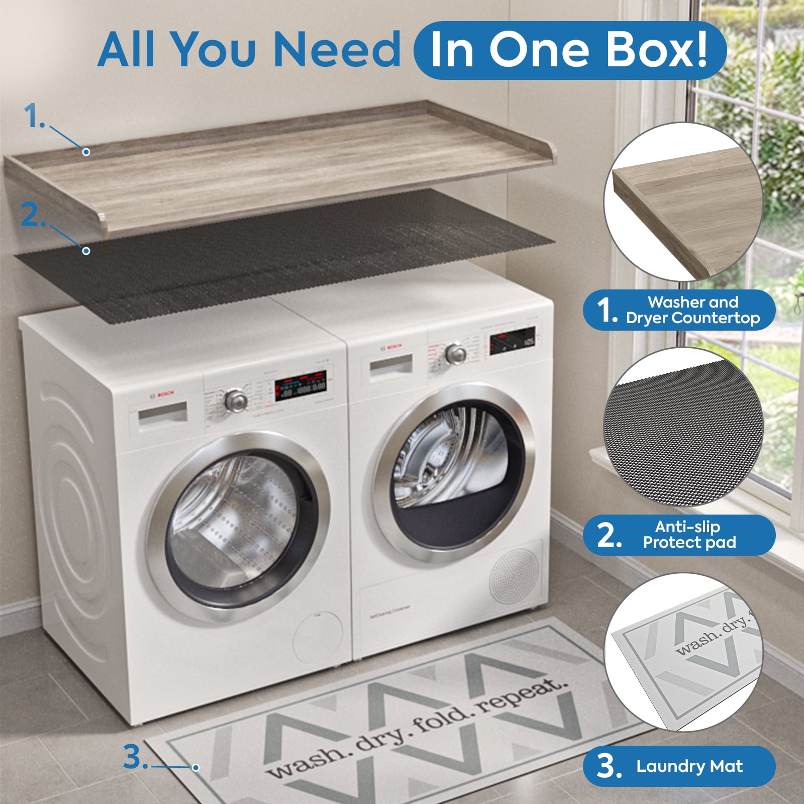 27.6" D x 54" W Wood Washer Dryer Countertop with Anti-Slip Pad, Laundry Room Organization Set, Dryer Covers for The Top with Edge Rails, Washer Dryer Topper for Laundry Room, Grey