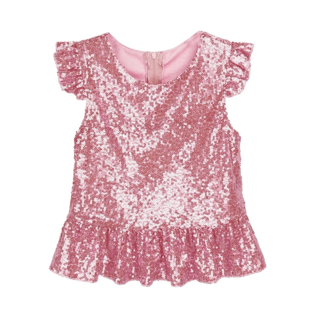 Oyolan Kids Girls Sequins Ruffled Top Mermaid Costume Flutter Sleeve Peplum Blouse for Carnival Performance Pink 4
