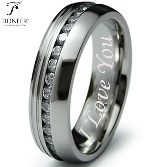 Tioneer Stainless Steel 316L Eternity Cubic Zirconia Wedding Band Promise Ring Comfort Fit 6.5MM I Love You Engraved