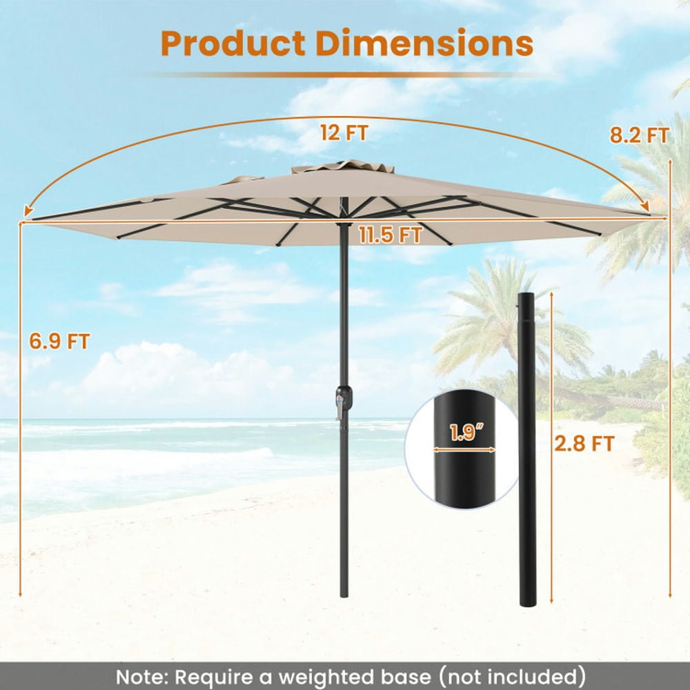 Demifill 12 Feet Patio Umbrella with Crank Handle and 8 Sturdy Ribs, Patio Umbrella for Outdoor, Beige