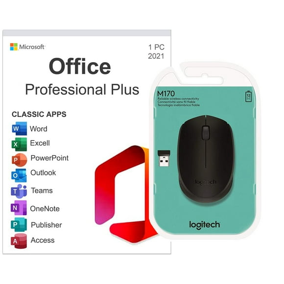 Office 2021 Professional Plus 64 Bit DVD & Wireless Logitech Mouse, 2PK