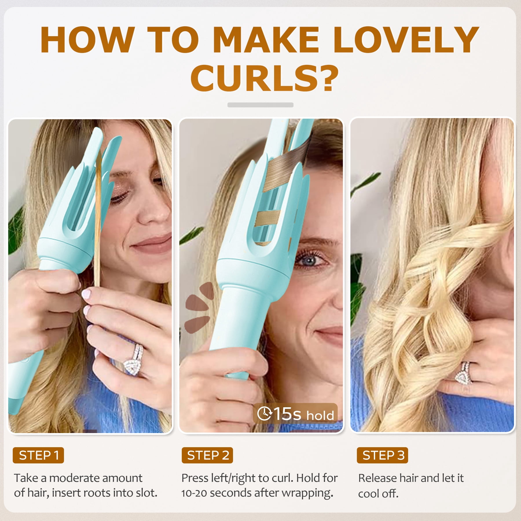 BILITOK Auto Hair Curler, Automatic Curling Iron with 4 Temperature & 3 Timer, Automatic Shut-Off, Anti-Scald, Anti-Tangle Rotating Curling Wand for Hair Styling Blue
