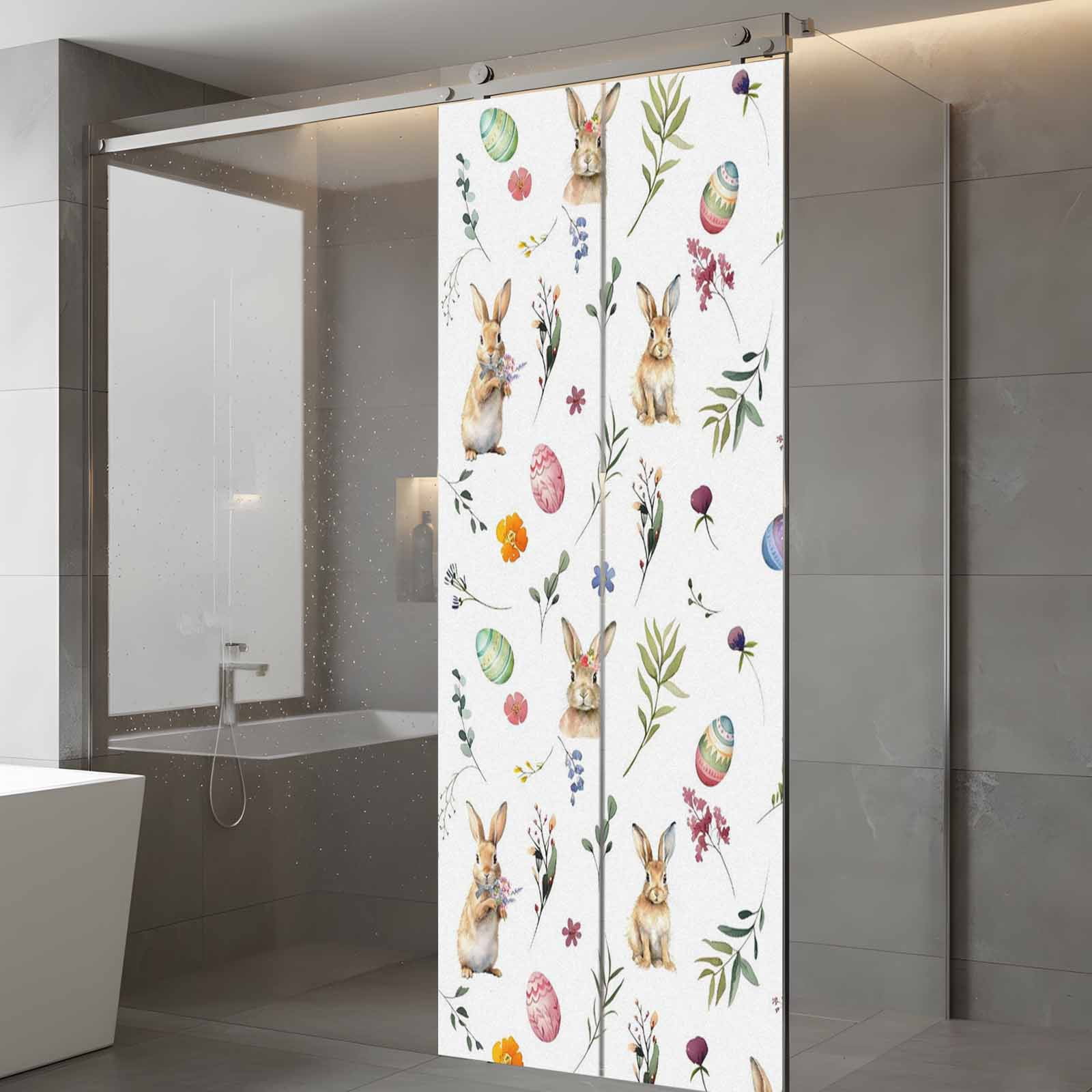 Easter Rabbits Window Privacy Film, Colorful Eggs Leaf Floral Spring Frosted Glass Window Clings Static Cling UV Heat Blocking Reusable Door Sticker for Bathroom 23.6 x 59 Inch