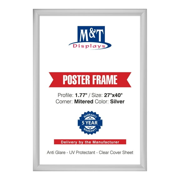 M&T Displays Snap Poster Frame 27x40 Inch Silver 1.77" Aluminum Profile Front Loading Wall Mounting Picture Photo Document Certificate Sign Holder Mitered Corner Anti Glare Cover