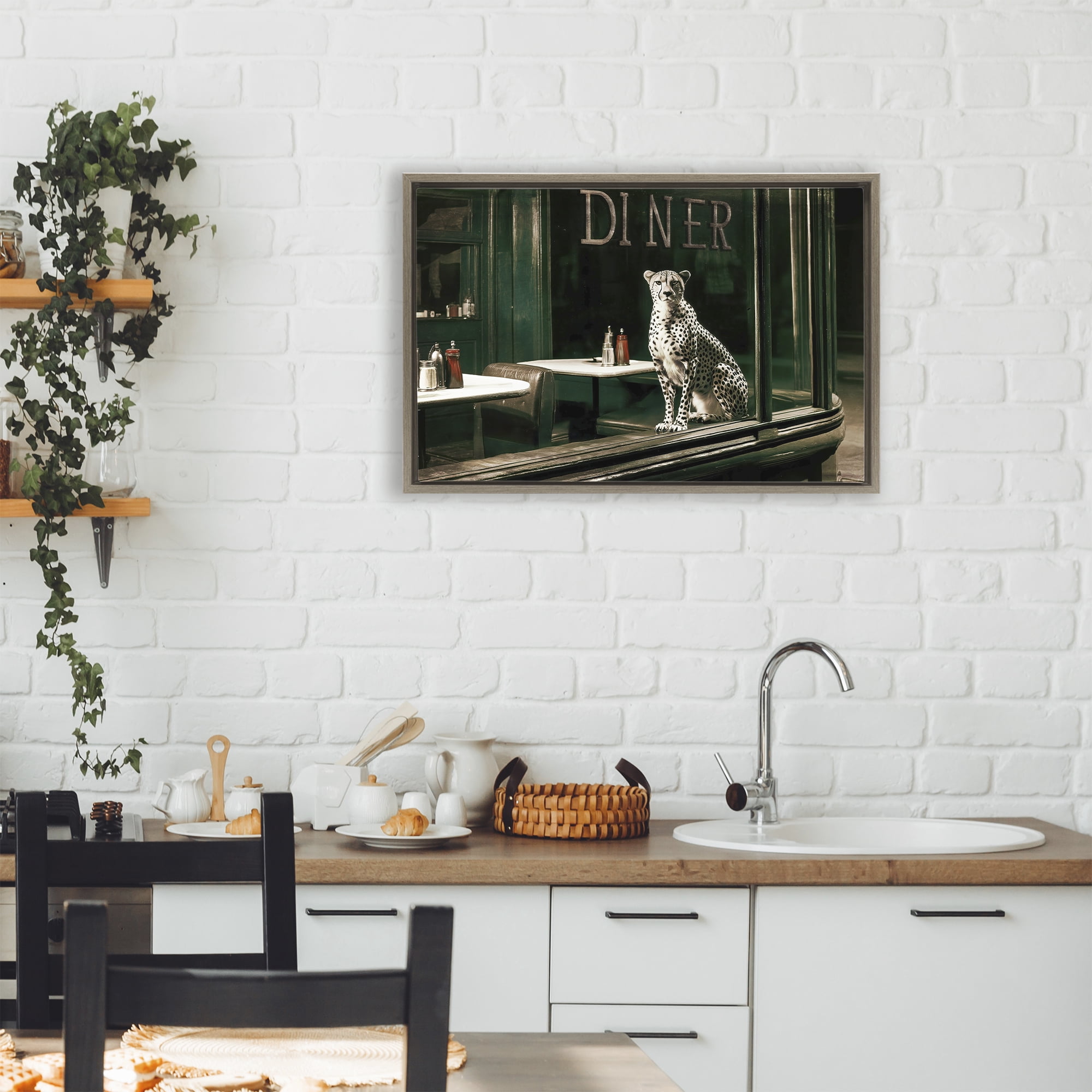 Stupell Industries Diner Sentry Leopard Brown Framed Floater Canvas Wall Art, design by Annabelle Hall