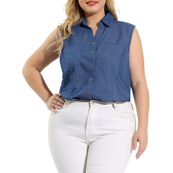 Agnes Orinda Women's Plus Size Chambray Sleeveless Button Work Shirts 1X Blue