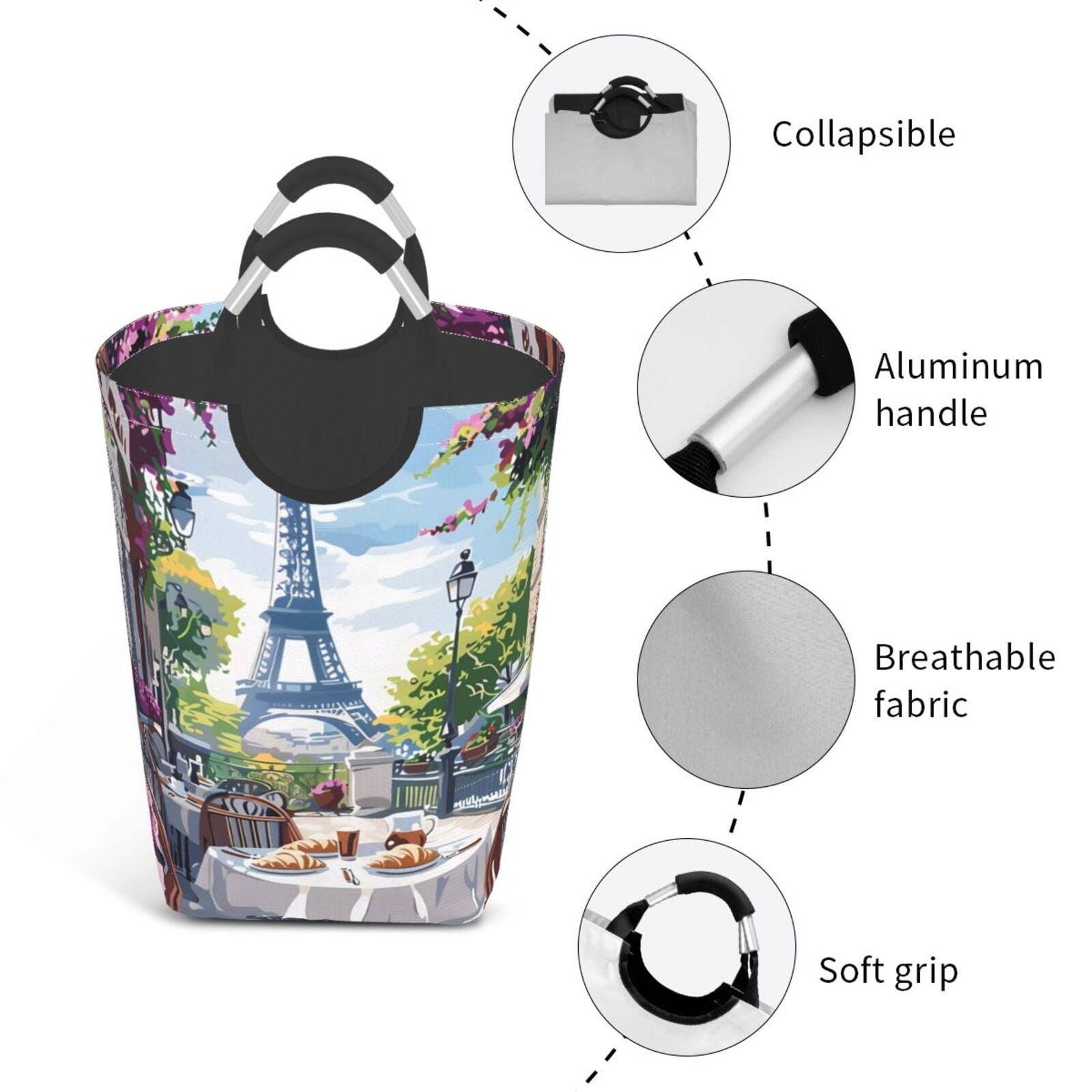 Xecao Parisian Cafe With Eiffel for Laundry Basket,Collapsible Large Laundry Hamper,Wash Bag for Laundry Room, Rolling Laundry Basket with Handles