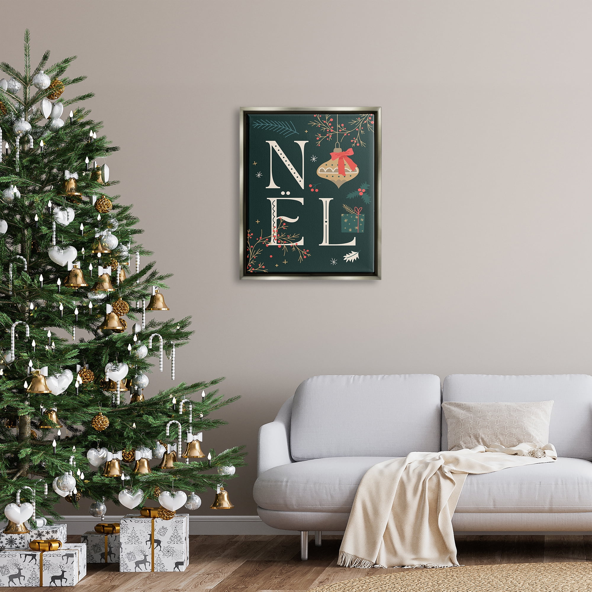Stupell Industries Noel with Holiday Ornament Holiday Painting Gray Floater Framed Canvas Art Print Wall Art, 25 x 31