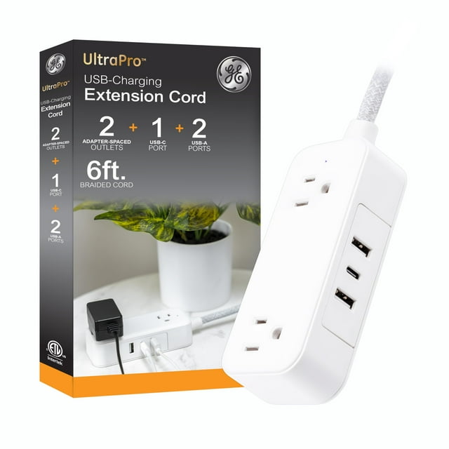 Power Strip GE 81597 con 2 salidas y 3 puertos USB de 6 pies, color blanco