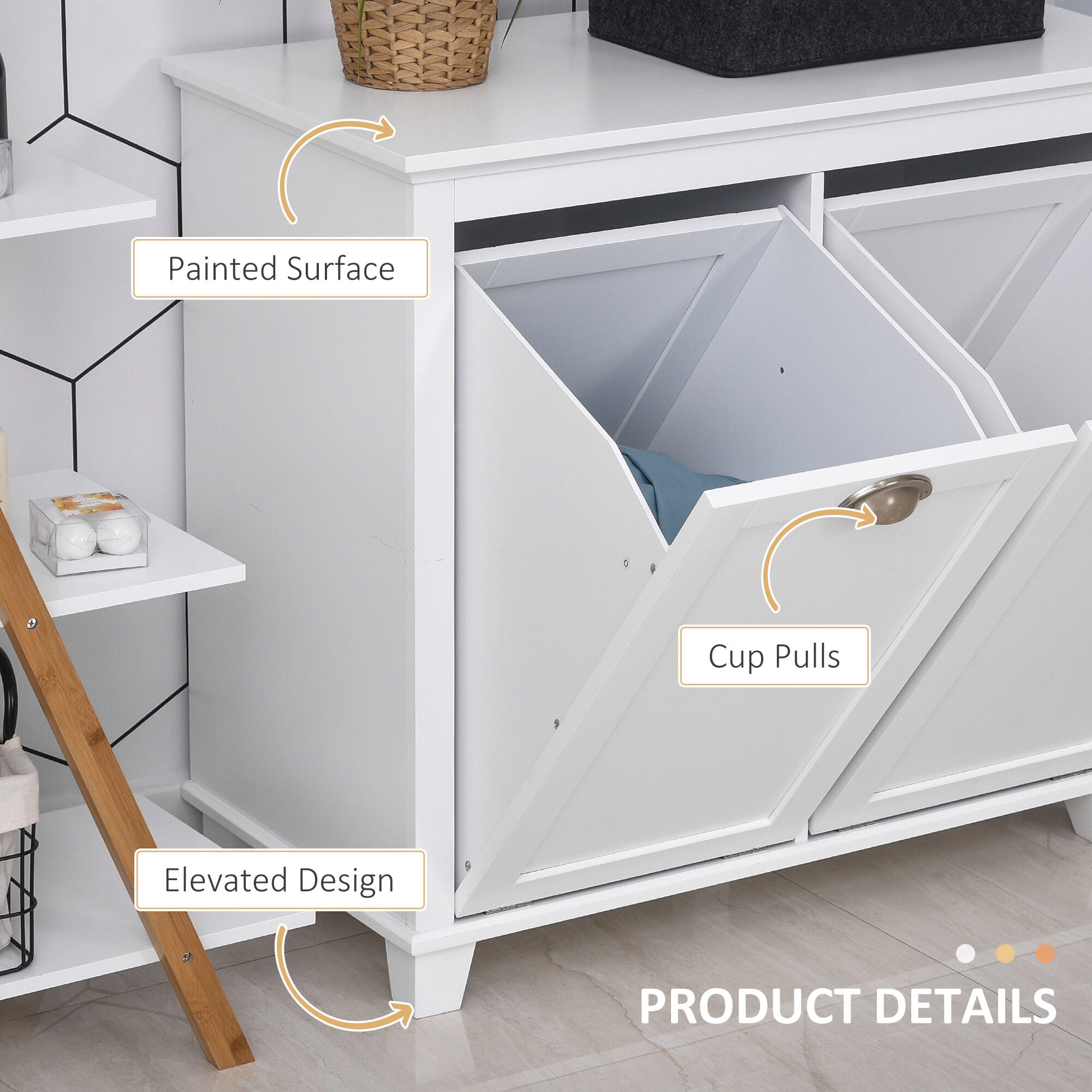 30" White Laundry Sorter Cabinet - Tilt-Out Hamper with 2 Storage Bins for Bathroom