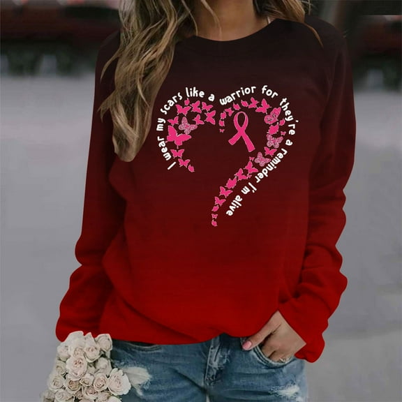 Luxalzxs Womens Breast Cancer Awareness Sweatshirt Pink Ribbon Heart October Cancer Fighter Sweatshirt Tops