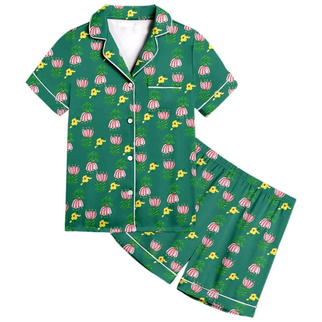 MIASHUI Ensemble de Pyjama 2 Pcs pour Filles à Imprimé Floral, Manches Courtes et Shorts, Vert, 12-13 Ans
