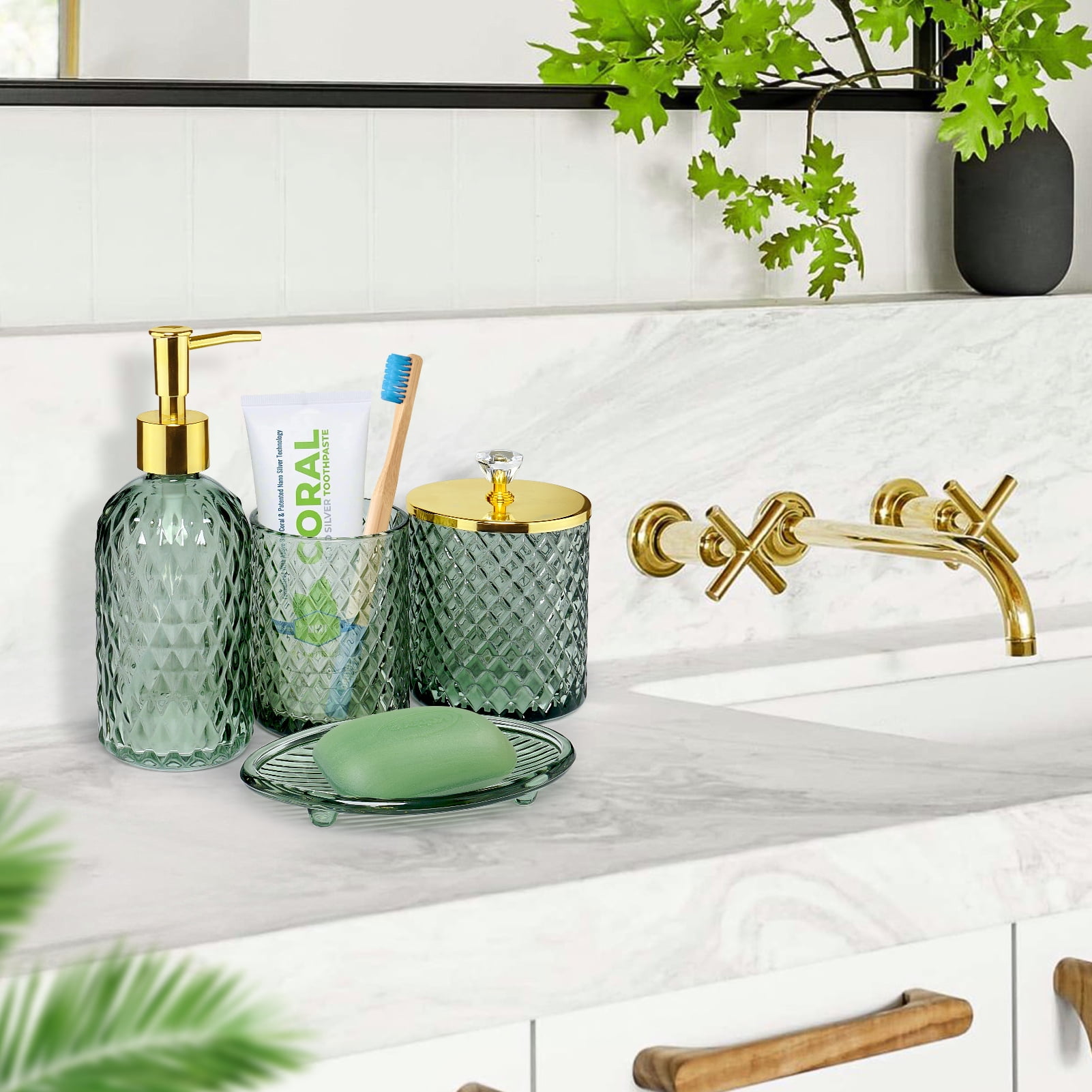 Cirhy 4-Piece Green Glass Bathroom Accessories Set, Lotion Soap Dispenser, Toothbrush Holder, Qtip Holder, Soap Dish, Modern Bathroom Decor Set for Countertop Organization