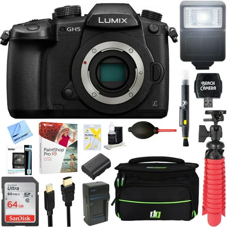Panasonic LUMIX GH5 20.3MP 4K Mirrorless Digital Camera with WiFi Body Bundle with 64GB Memory Card, Paintshop Pro 2018, and Accessories (10 Items)