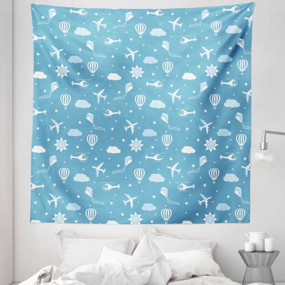 Airplane Tapestry, Kites Aircraft Helicopters and Air Balloons in Starry Blue Sky, Fabric Wall Hanging Decor for Bedroom Living Room Dorm, 5 Sizes, Pale Blue and White, by Ambesonne