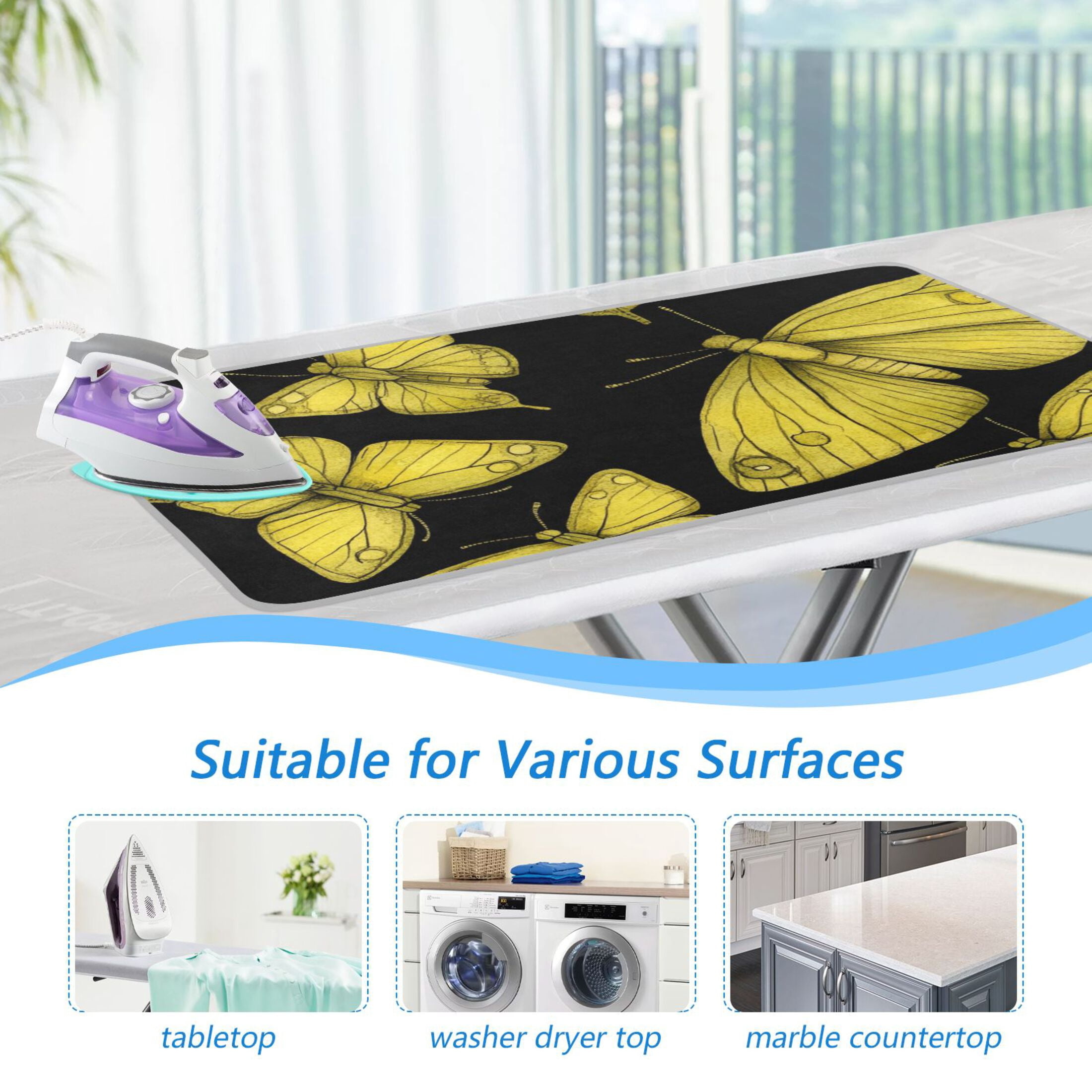 Yellow Butterflies on Black Ironing Mat Blanket for Table Top Travel Portable Ironing Board Pad 47.2x27.6 Inch