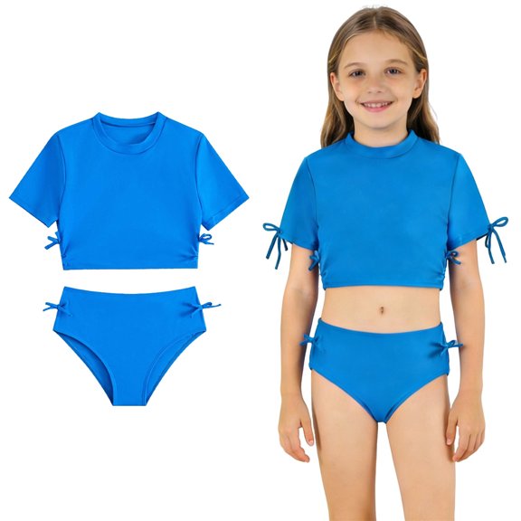 Swimsuit for Kids Girls Short Sleeve Crop Top 2 Piece Bathing Suit with Chest Pad Girls Swim Suit 8-9 Years