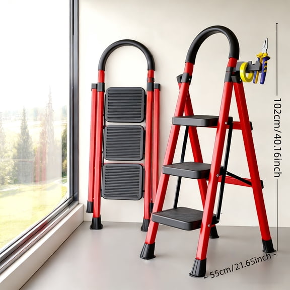 XPHYN 500Lbs Load-Bearing Folding Ladder, Heavy-Duty Steel Step Stool, Anti-Slip Wide Treads, Handrails & Safety Lock, Portable Multi-Use Ladder for Home & Kitchen