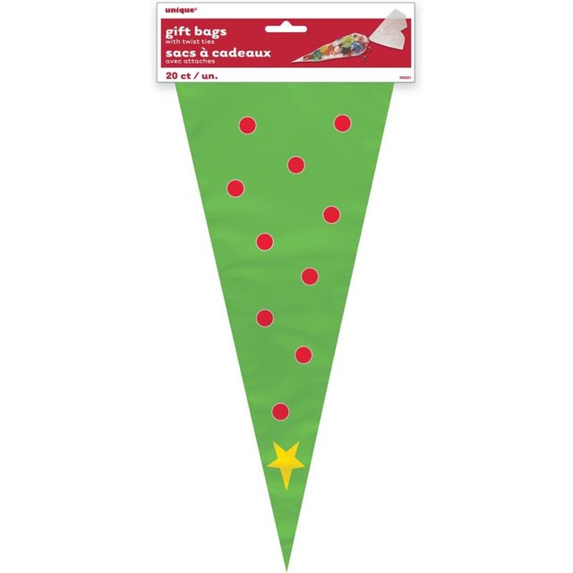 Unique Party - Bolsas de Fiesta en Forma de Cono Árboles de Navidad Diseño Celofanes - Packs de 20 (Verde, Rojo, Amarillo)