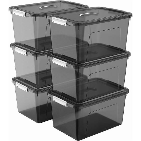 19 Quart Stackable Plastic Storage Bin with Lid, Clear Black, 6 Pack