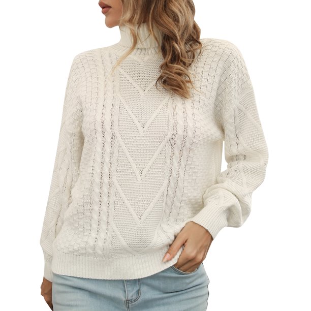 Suéter de mujer con cuello alto y cable, suelto, informal