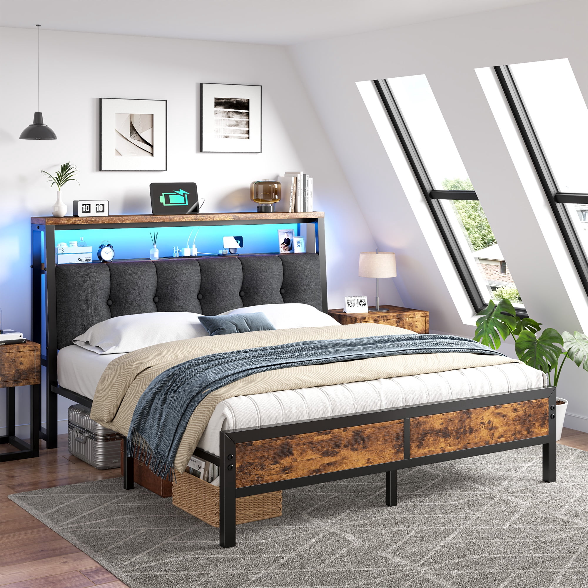 EnHomee Metal Platform Bed Frame Full Size with Headboard Upholstered Bed with 2-Tier Storage Shelf & Charge Station & LED Light,Rustic Brown
