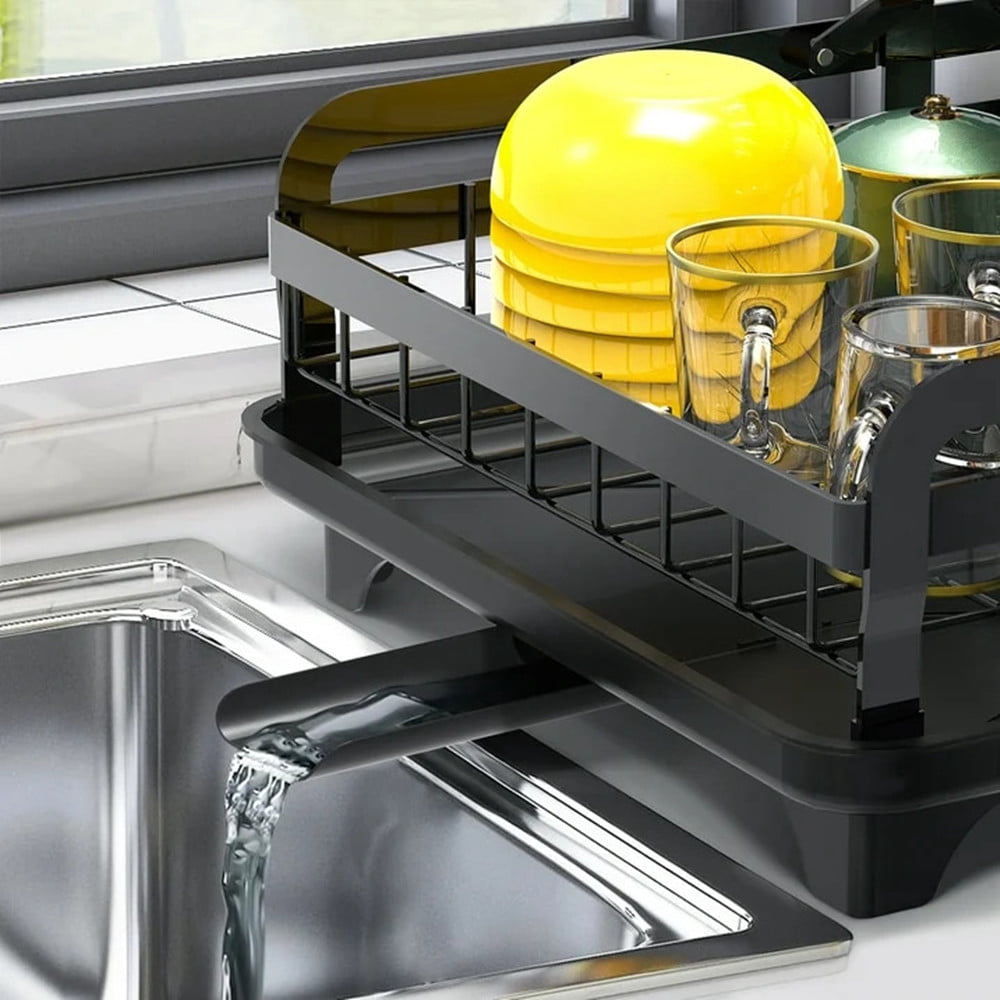 TEAFIRST 2 Tier Dish Drying Rack, Large Dish Rack and Drainboard for Kitchen Counter, 10.5'', Black