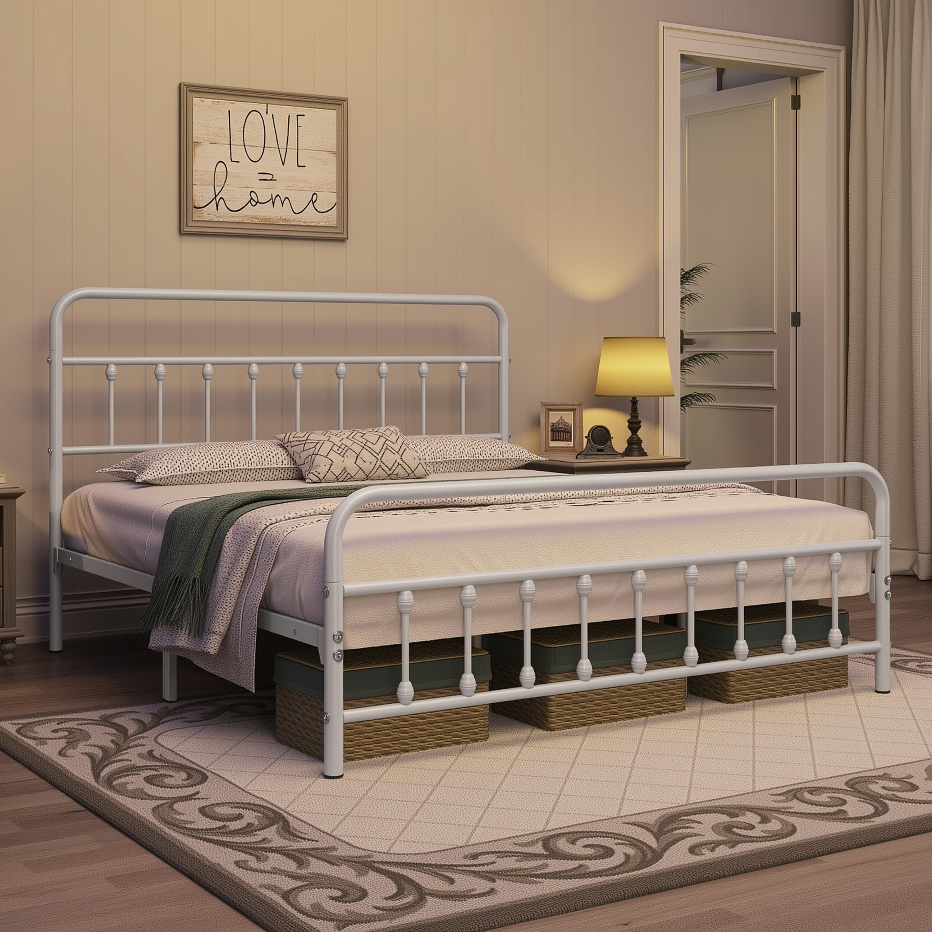 Alden Design King Size Classic Iron Platform Bed with High Headboard and Footboard, White