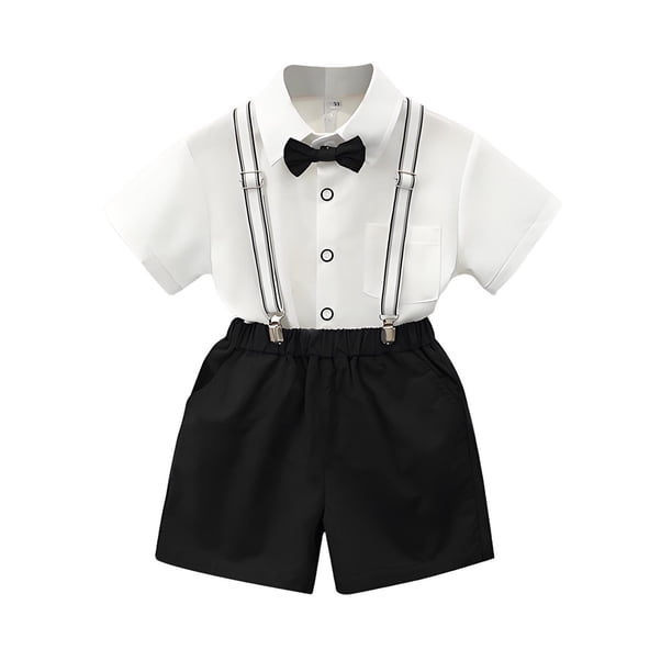 Odeerbi Chicos 4 Piezas Caballero Traje Formal Preppy Vestido de Manga Corta Camisa de Vestido + Traje Pantalones Cortos + Colgantes + Corbata Colegial Conjunto de Uniforme