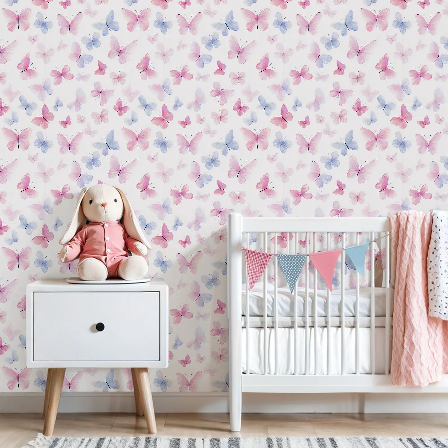 Peel and Stick Wallpaper Watercolor Butterflies Soft Pink Blue Tones White Wall Mural 23.6in x 9.8ft Self Adhesive Removable Wall Paper Renter Friendly Wallpaper for Nursery Bedroom Cabinets