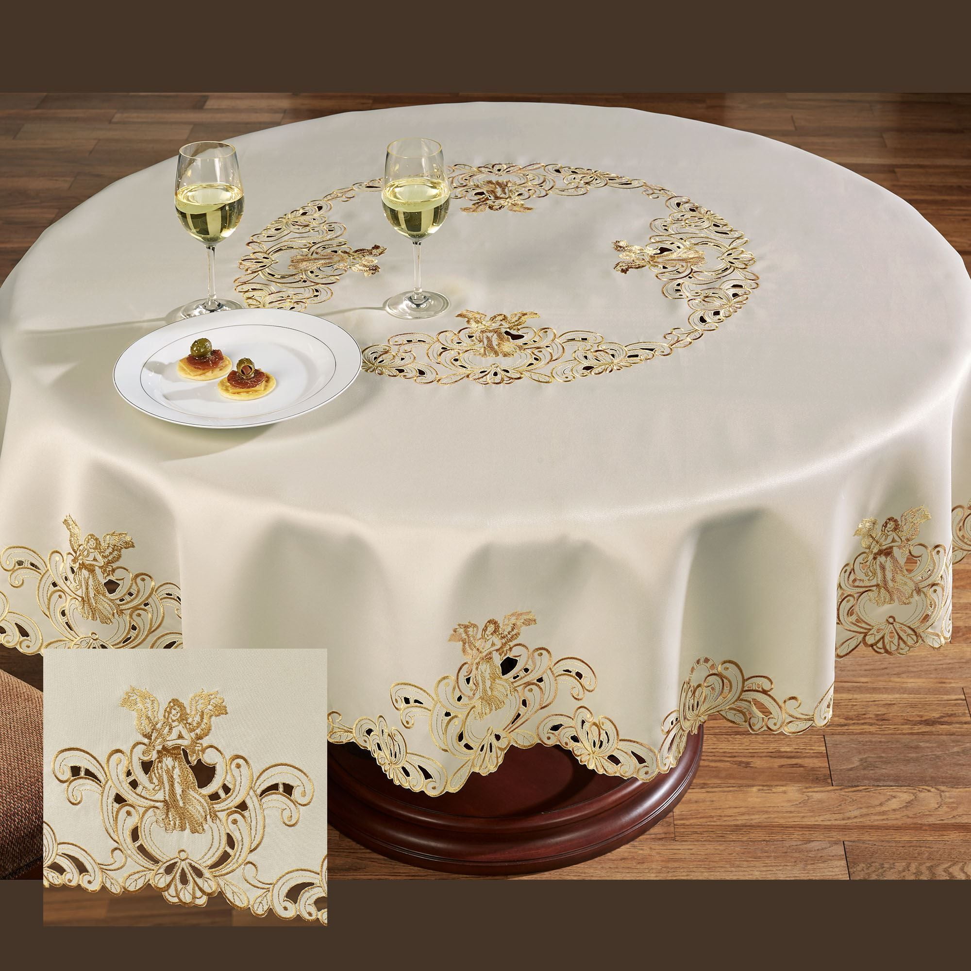 Angelica Embroidered Angel Round Tablecloth Ivory, Gold Fine Table