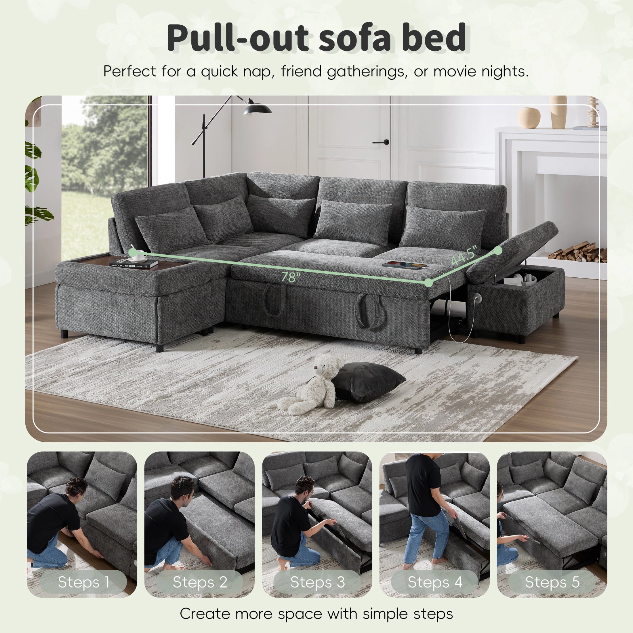 AISWORD 5 Seat L-Shaped Modular Sectional Sleeper Sofa, Pull Out Bed, Multi Storage Chaise, USB Port, Chenille Gray